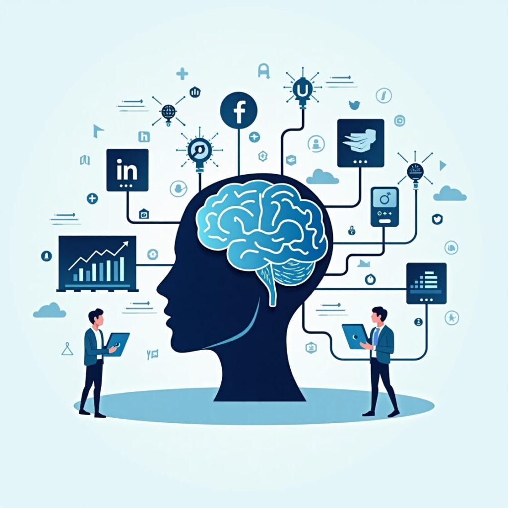 Illustration of a human head with AI brain connected to social media and marketing icons