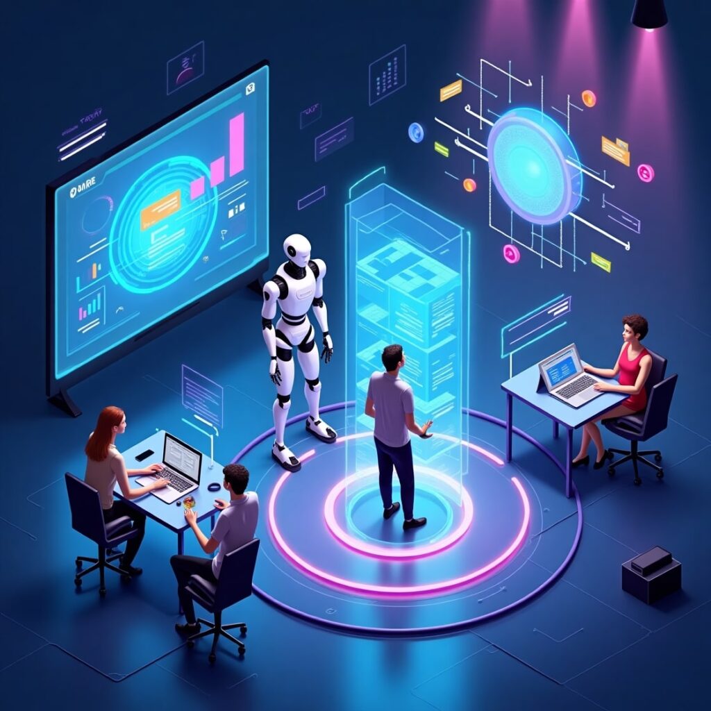 Business team using AI systems in a digital command center for marketing automation