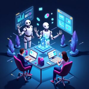 Two humanoid robots helping marketers with digital marketing dashboards, data visualization, and Ad Creative AI solutions